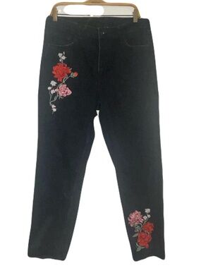 H&M DIVIDED Dark Black Floral Embroiderd Jeans SZ 16
